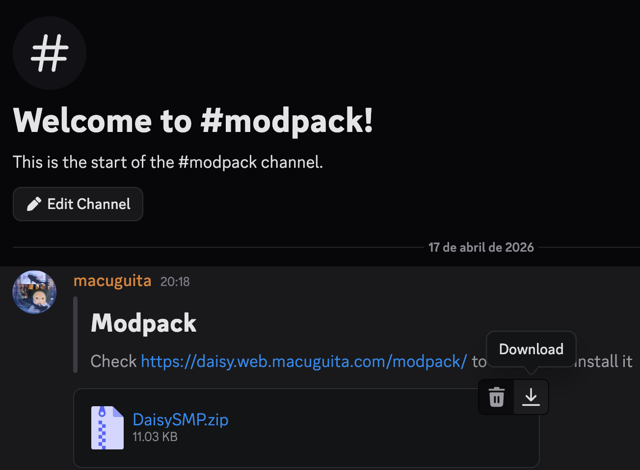 Discord #modpack channel screenshot