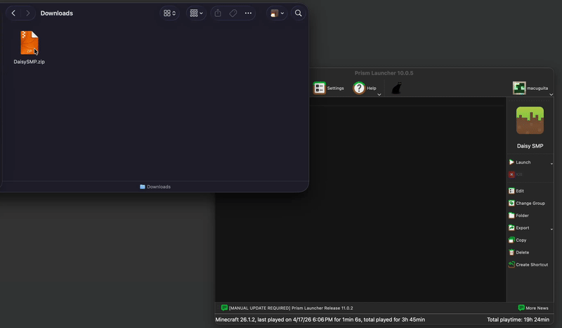 Dragging the modpack to prism launcher